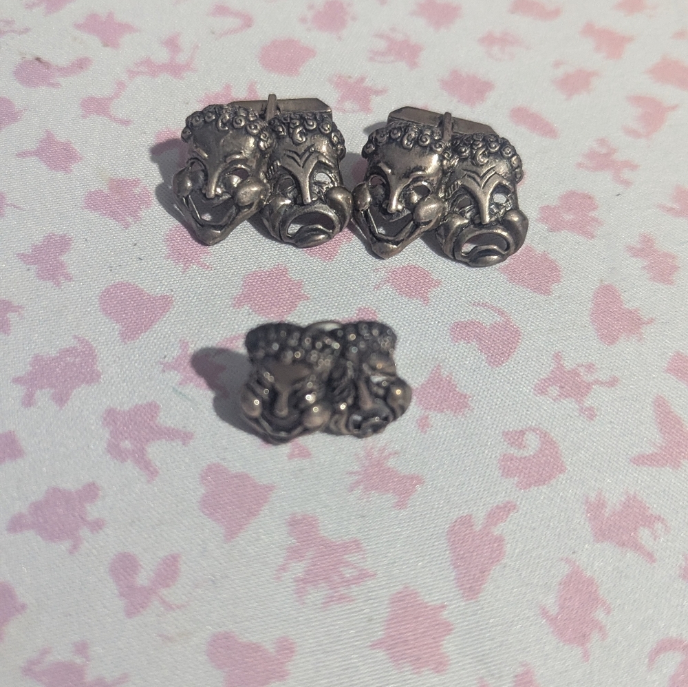 Sterling Silver Drama Mask Cufflinks And Tie Pin Set